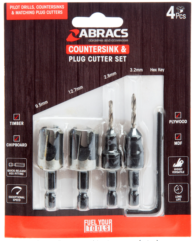 Abracs 4-Piece Countersink Drills and Plug Cutters Set