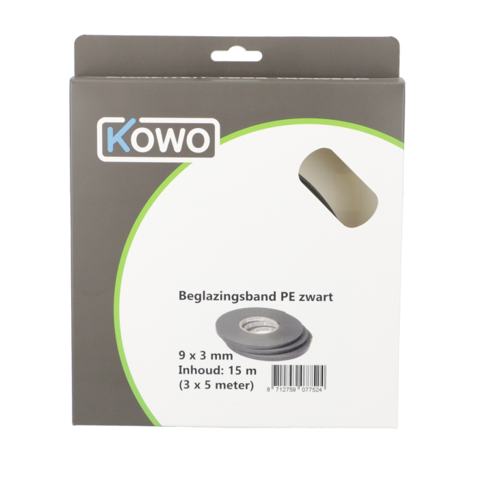 Kowo Beglazingsband PE 9x3 mm - 3 x 5 m Zwart